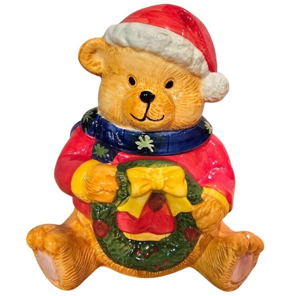 Gibson Christmas Merry Beary Bear Cookie‎ jar with Santa Hat & Wreath Ceramic